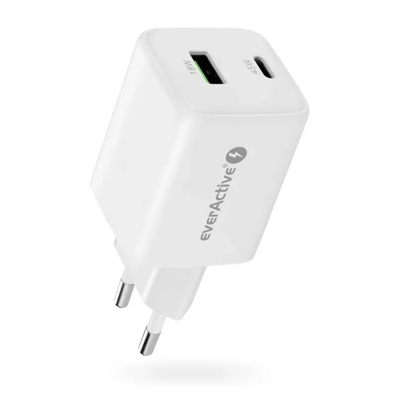 Sieninis įkroviklis everActive SC-450Q 45W 1×USB-C 1×USB-A Baltas