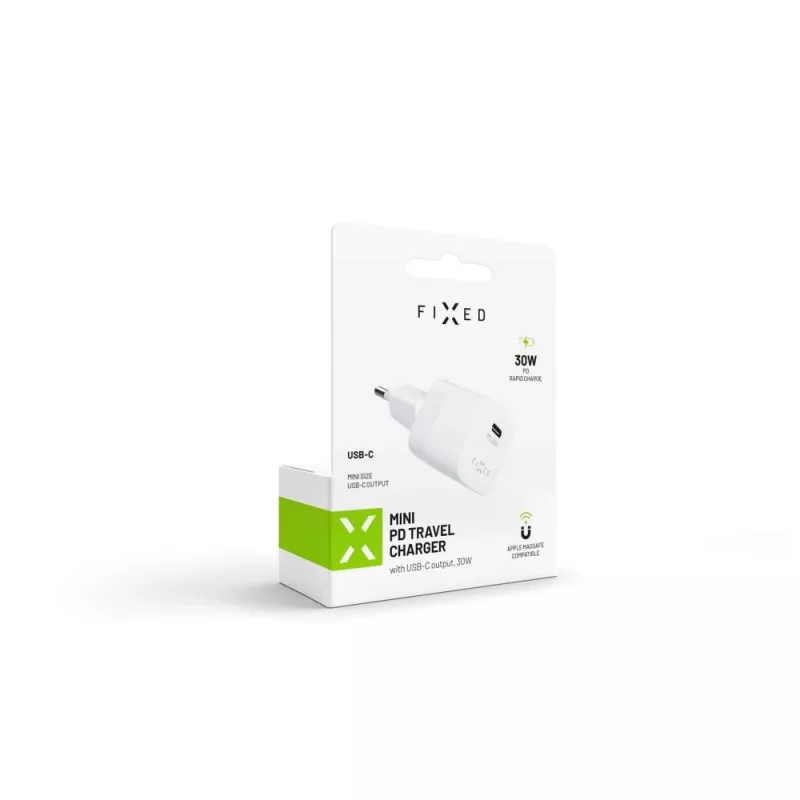 Nešiojamasis USB-C kelioninis įkroviklis FIXED FIXC30M-C-WH 30W kompaktiškas dizainas