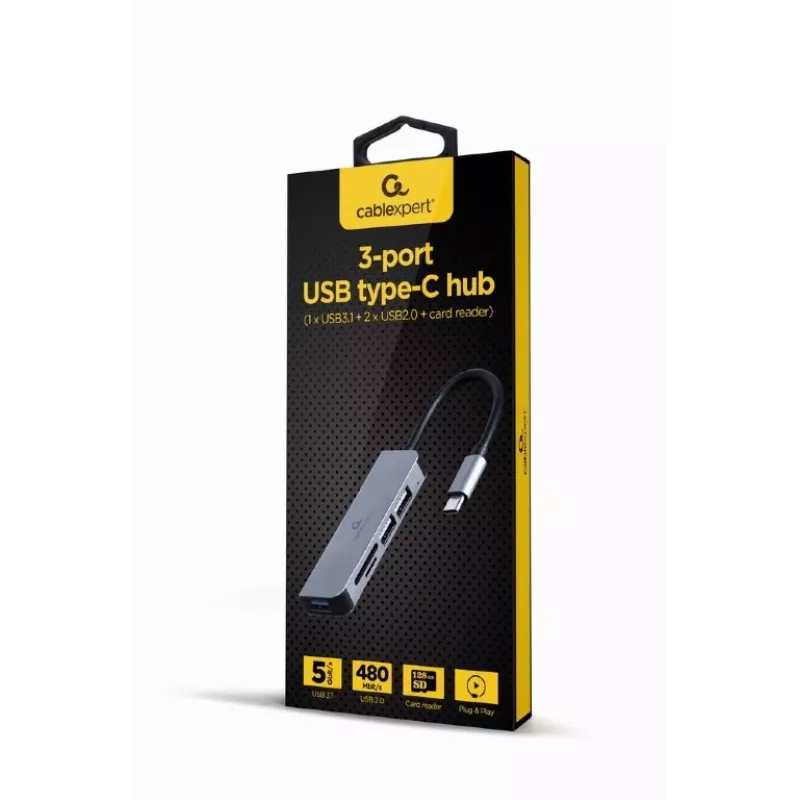 Nešiojamojo kompiuterio dokas Gembird UHB-CM-CRU3P1U2P2-01 — USB 3.2 Gen 1 Type-A, MicroSD/SD/SDHC/SDXC iki 128 GB, sidabrinis