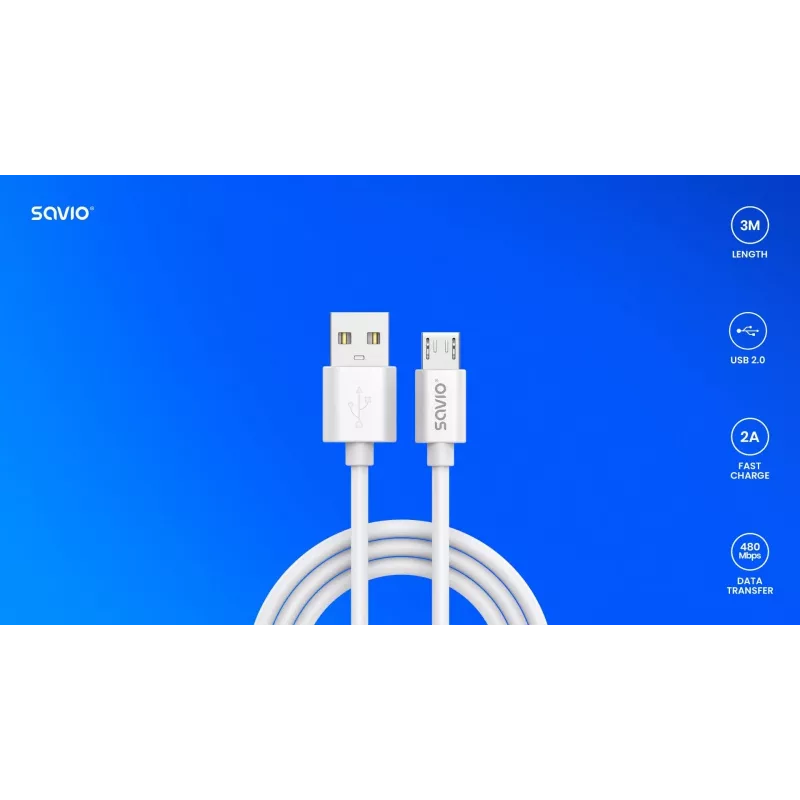 Savio USB 2.0 USB A - Micro USB White CL-167 3 m laidas
