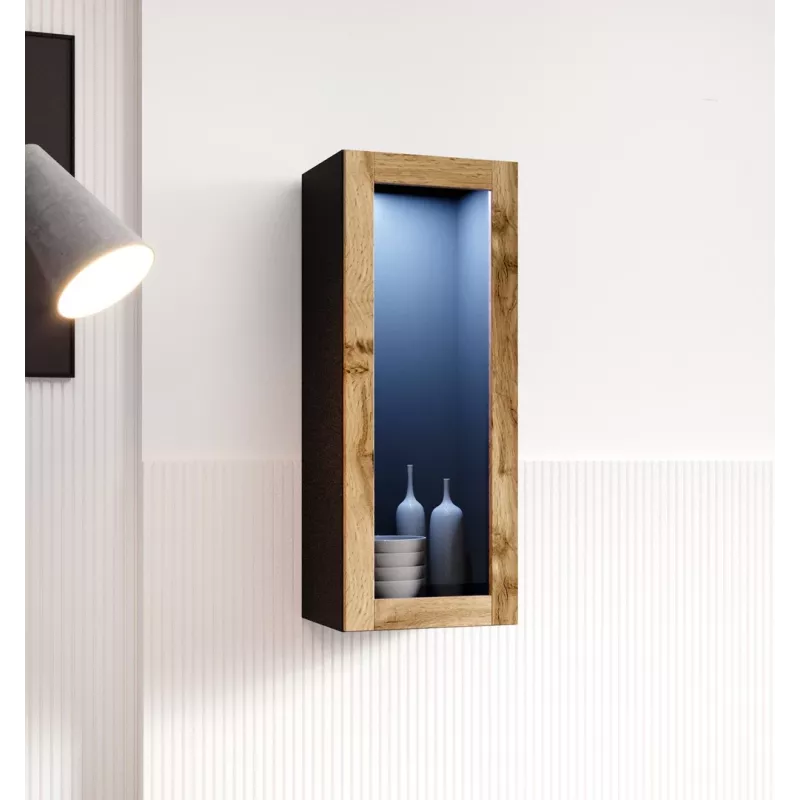 Vitrina cama meble VIGO 90 stiklinė, montuojama prie sienos, 90×35×32 cm, juoda/wotan ąžuolas