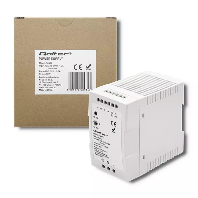 Qoltec 50914 DIN bėgio maitinimo šaltinis | 90 W | 12 V | 7,5 A | Baltas | Plonas