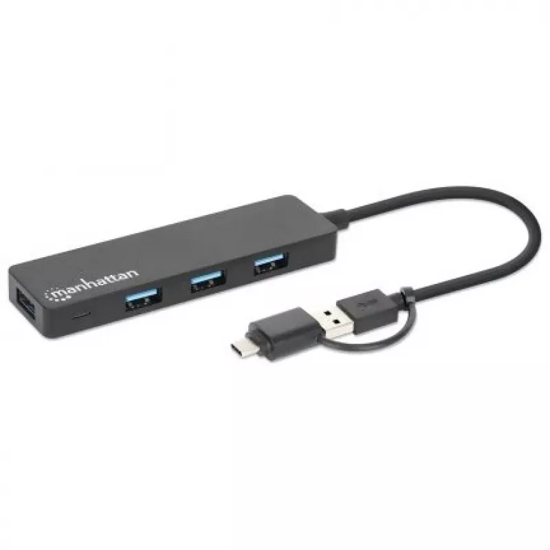 Manhattan USB-C & USB-A Combo Dock/Hub, prievadai (4): USB-A (x4), 5 Gbps (USB 3.2 Gen1, dar žinomas kaip USB 3.0), maitinamas per USB (nereikia išorinio maitinimo šaltinio)