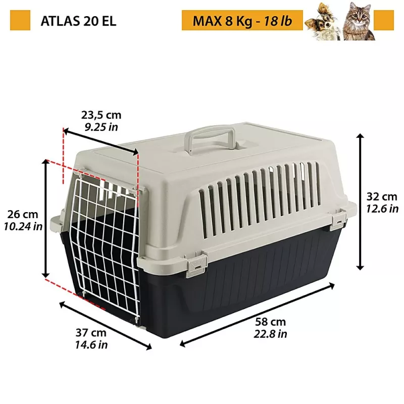 Kietas gyvūnų nešiojimo konteineris FERPLAST Atlas 20 EL, technopolimeras, W370×D580×H320 mm, svoris 1,85 kg