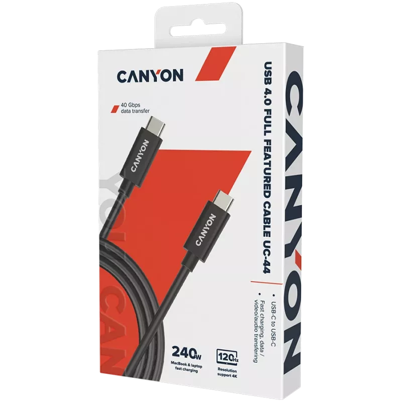 CANYON UC-44, laidas, U4-CC-5A1M-E, USB4 TYPE-C į TYPE-C laido mazgas 40G 1m 5A 240W(ERP) su E-MARK, CE, ROHS, juoda