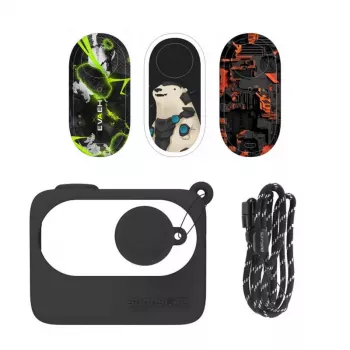 Apsauginis dėklas Sunnylife, skirtas Insta360 GO 3, juodas, su lipdukais — kietas kelioninis dėklas veiksmo kamerai ir priedams