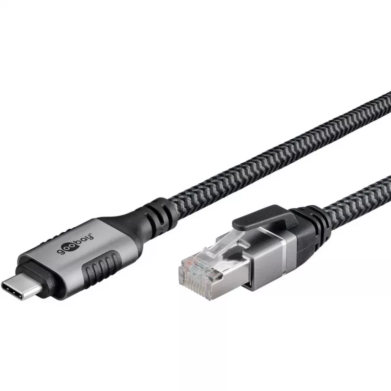 Ethernet-kabelis USB-C 3.2 Gen2 Plug > RJ-45 Plug, LAN-Adapter Juoda/Sidabrinė, 1,5 Meter, braided textile jacket