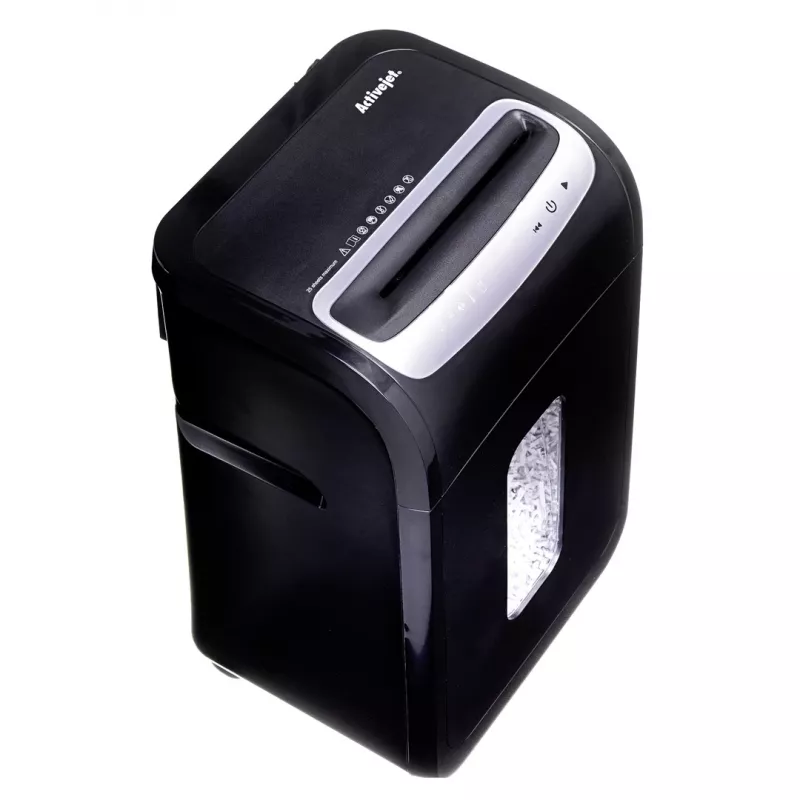 Dokumentų smulkintuvas ActiveJet ASH-2502C — kryžminis pjovimas P-4, 25 lapai, 4x40 mm, 28 L dėžė, 22,8 cm padavimo anga, 30 min darbo ciklas