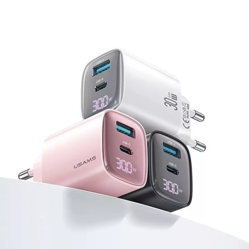 USB ir USB-C 30W GaN greitasis įkroviklis usams CC229 baltas — LED indikatorius, kompaktiškas dizainas