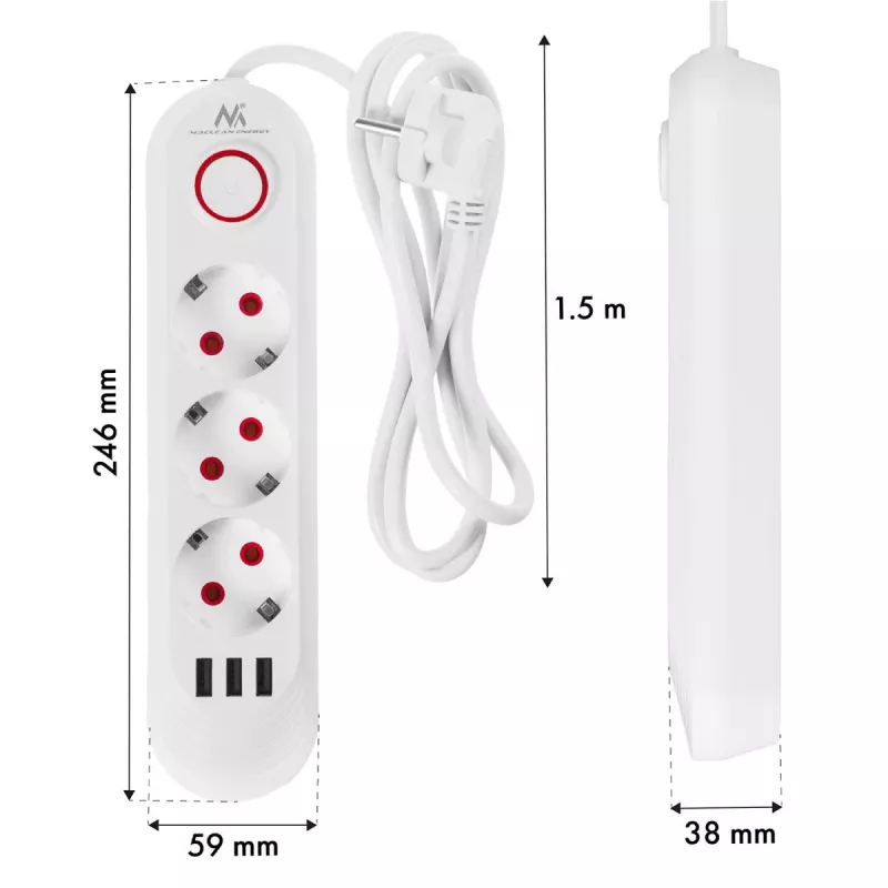 Maitinimo šakotuvas MACLEAN MCE394W — 3 lizdai, 3×USB 2,1A, 110–240V AC, 2500W, 1,5 m laidas, baltas