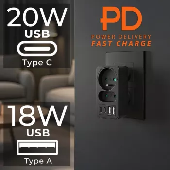 Maitinimo skirstytuvas MACLEAN MCE249 F/B — 2 kintamosios srovės lizdai (16A + 6A) su 2×USB-A ir 2×USB-C PD 20W, EU kištukas, juodas