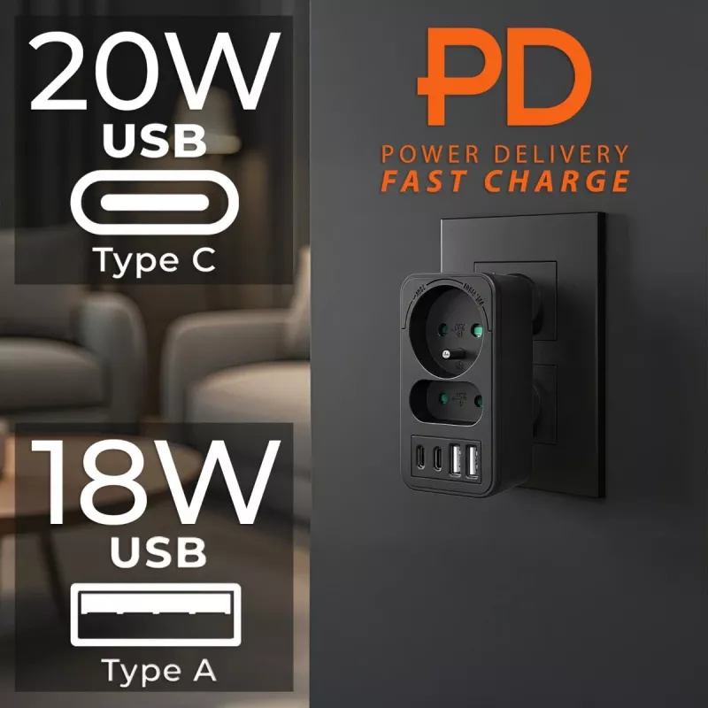 Maitinimo skirstytuvas MACLEAN MCE249 F/B — 2 kintamosios srovės lizdai (16A + 6A) su 2×USB-A ir 2×USB-C PD 20W, EU kištukas, juodas