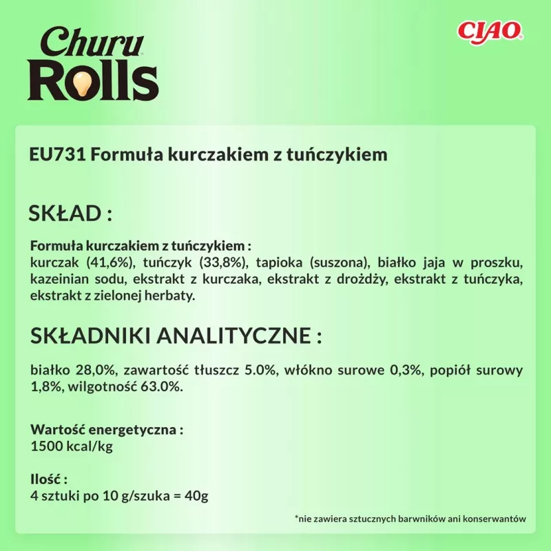 INABA Churu Rolls vištienos recepto suktinukai su tuno receptu - kačių skanėstai - 4x10 g