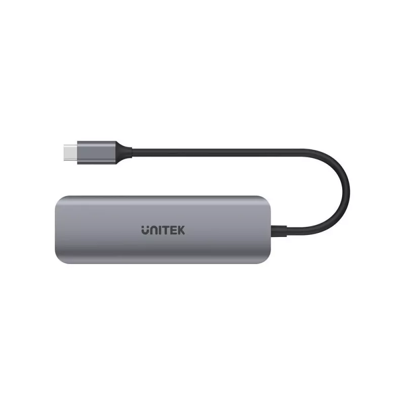 USB šakotuvas Unitek P5+ — 5 prievadai (4 × USB 3.2 Gen 2 Type-A), USB 3.2 Gen 1 šeimininkas, 5 Gbit/s, 10 W PD, aliuminis, pilka