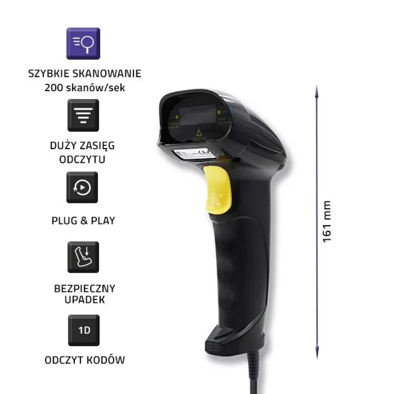 Qoltec 1D lazerinis brūkšninių kodų skaitytuvas | USB | Juodas