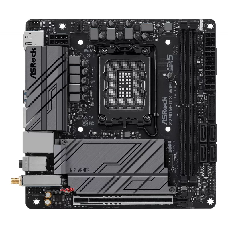 Motininė plokštė ASRock Z790M-ITX WiFi — Intel Z790, LGA 1700, mini ITX, DDR5, 2x DIMM, 64GB, 2.5Gb LAN, Wi‑Fi 6E