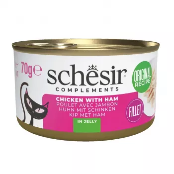 Šlapias kačių maistas Agras Pet Foods SCHESIR Vištiena su kumpiu drebučiuose, 70 g, 12% baltymų, 86% drėgmės