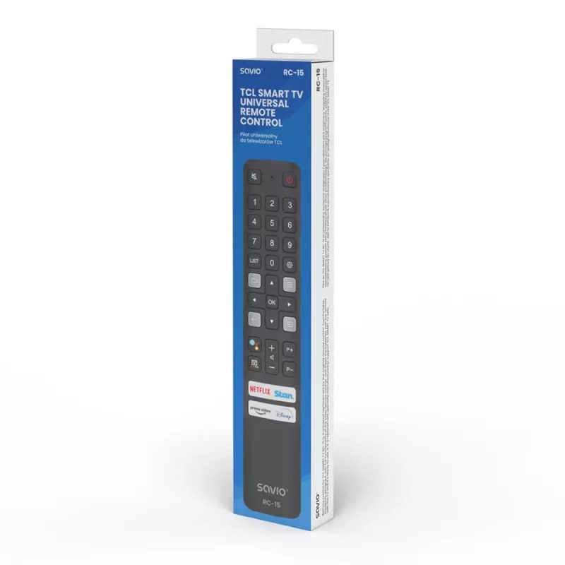 SAVIO universalus televizoriaus nuotolinio valdymo pultas RC-15, skirtas TCL SMART TV, IR belaidis, juodas, veikimo nuotolis 10 m