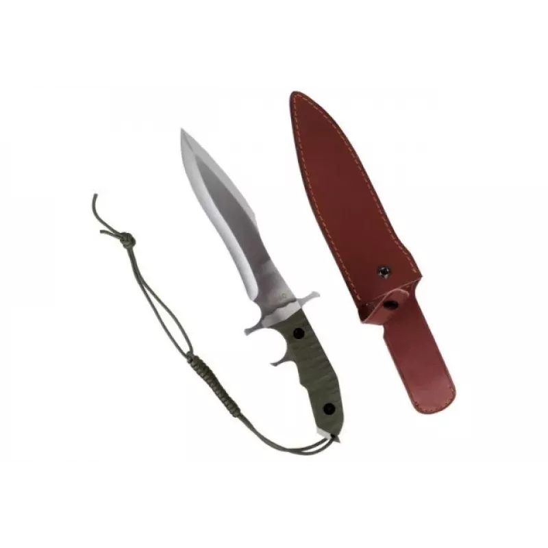 Stacionarus peilis cinema classic CC-H5 Rambo V — Išgyvenimo peilis, plieninė geležtė 230 mm, bendras ilgis 385 mm, žalia polimerinė rankena, odinės makštys