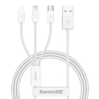 USB laidas Baseus SUP0003529 — USB 3.2 Gen 1 (3.1 Gen 1), 1 m, USB-A į USB-C / Micro USB-A / Lightning, Baltas