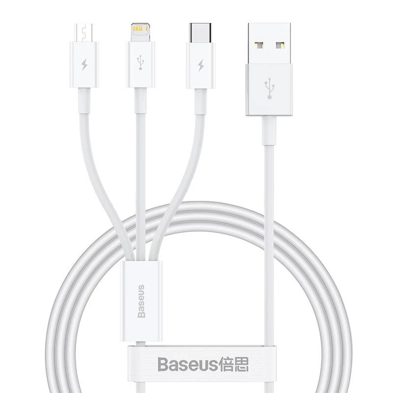 USB laidas Baseus SUP0003529 — USB 3.2 Gen 1 (3.1 Gen 1), 1 m, USB-A į USB-C / Micro USB-A / Lightning, Baltas