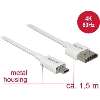HDMI laidas DeLOCK 85150 1,5 m HDMI A tipo į D tipo, baltas