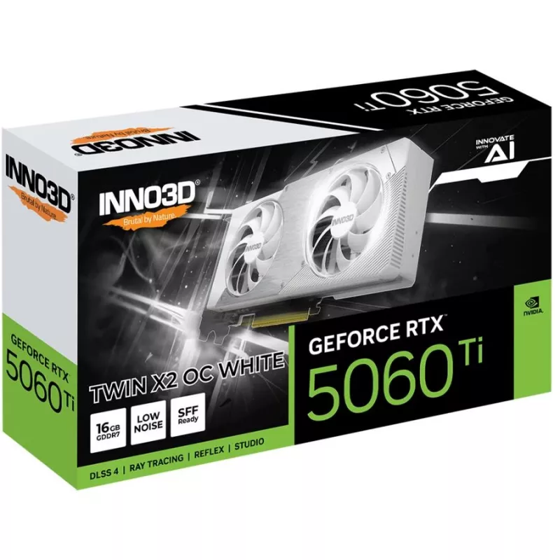 Vaizdo plokštė Inno3D GeForce RTX 5060 Ti — 16 GB GDDR7, PCIe 5.0, 448 GB/s, 250 mm, 2 lizdų, balta