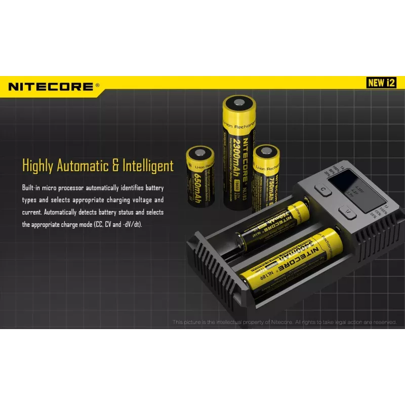Baterijų įkroviklis Nitecore NEW i2 — 2 vietų įkroviklis LiFePO4, Li-Ion, NiMH; įėjimas 100–240 V; išėjimas 9–12 V; palaiko AAAA/C/D/AAA/AA; juodas