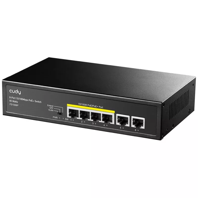 Tinklo komutatorius Cudy FS1006P Fast Ethernet 6 prievadų (4 PoE, 1 PoE+) 10/100 Mbps, 1,2 Gbit/s pralaidumas, metalinis korpusas, montavimas į stovą / ant sienos