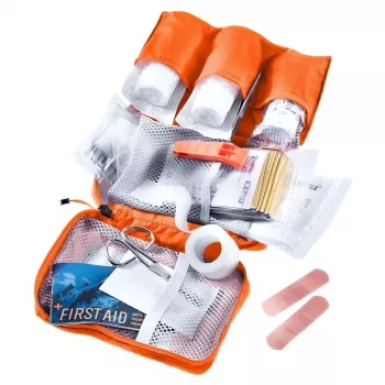 Keliautojo pirmosios pagalbos rinkinys DEUTER First Aid Kit — kompaktiška užtraukiama dėtuvė 180×60×120 mm, oranžinė