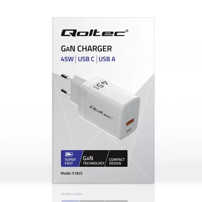 GaN 45W įkroviklis 5V 20V 1,5A 3A, 1xUSB C PD, 1xUS