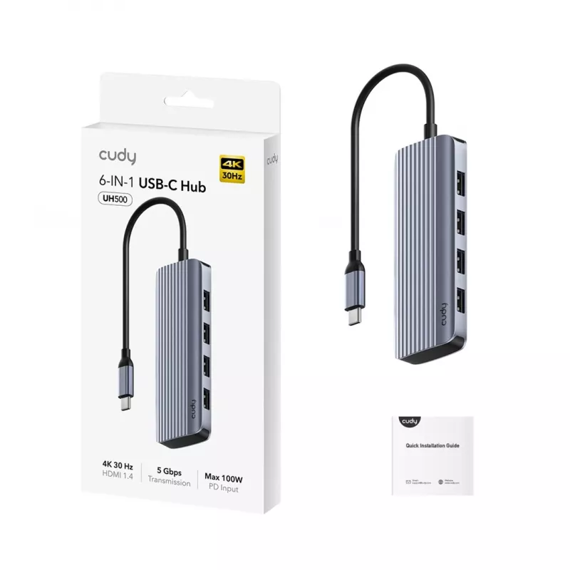 USB-C šakotuvas Cudy UH500 — USB 3.2 Gen 1 Type-C priegloba, 6 prievadai su USB 3.2 Gen 1 Type-A ir HDMI, 5000 Mbit/s, pilka/sidabrinė