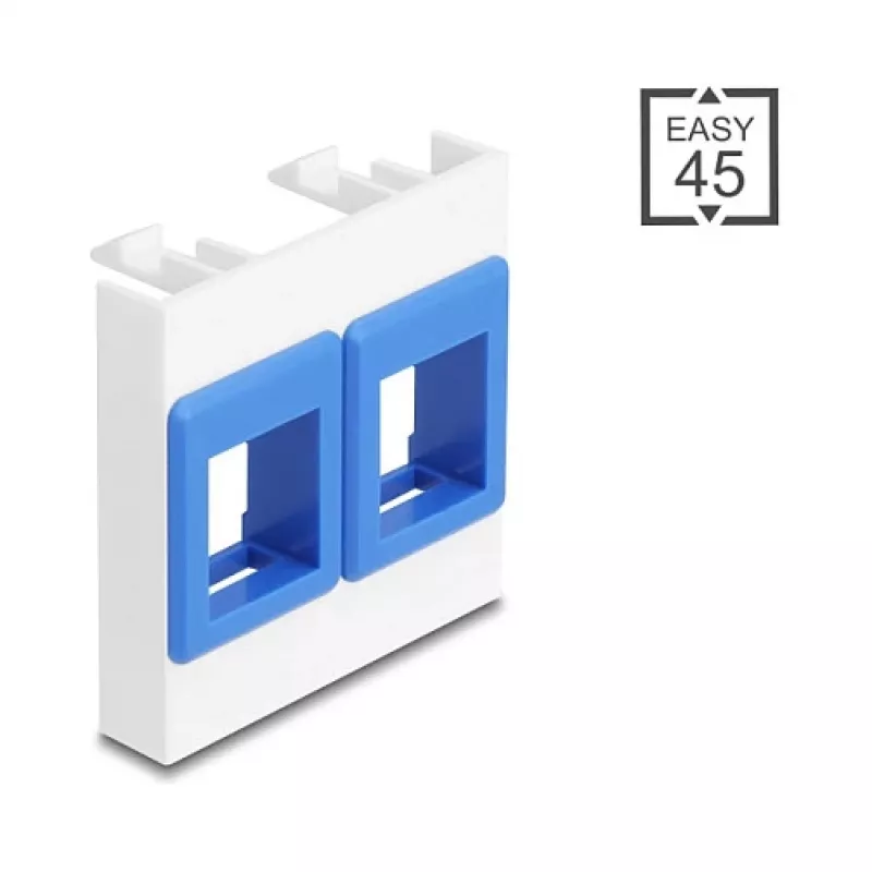 „Snap-in“ rėmelio priedas DELOCK 81557 — plastikinis „Keystone“ modulio rėmelis, 45×45×17,5 mm, mėlynas/baltas