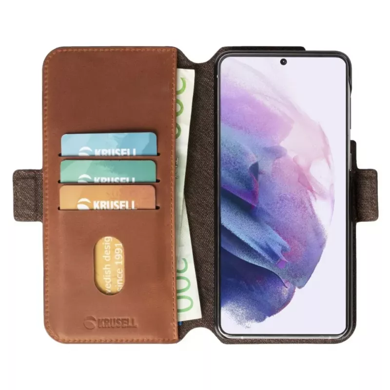Krusell PhoneWallet Samsung Galaxy S21+ – odinis dėklas su pinigine, vintage cognac