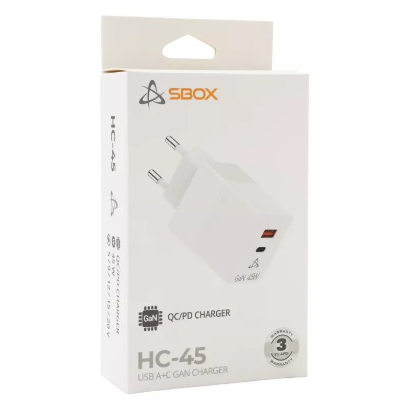 SBOX namų įkroviklis HC-45 45W GaN dviejų įėjimų sieninis įkroviklis