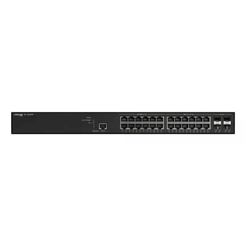 Valdomas LANCOM GS-3628XP komutatorius, 24× 2.5G RJ-45 prievadai, PoE, L2/L3, 1U montavimas į stelažą
