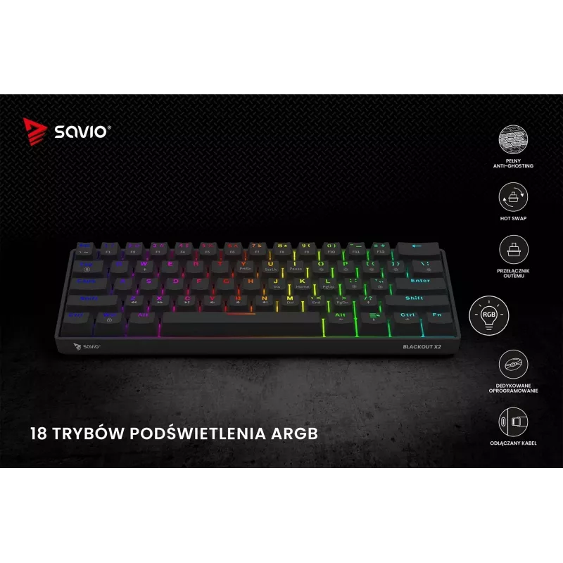 Mechaninė žaidimų klaviatūra SAVIO JuodaOUT X2 PEACH — 61 klavišų 60 % QWERTY, RGB LED, karštasis keitimas, USB Type-A/Type-C, nuimamas laidas