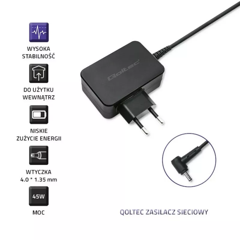 Maitinimo adapteris QOLTEC 45W 19V nešiojamiesiems įrenginiams — pakaitinis adapteris 45 W 19 V