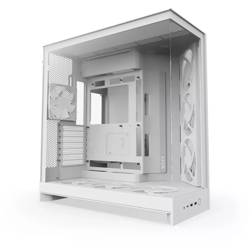 PC Midi Tower korpusas NZXT H9 Flow RGB+ — baltas, palaiko ATX/EATX/Micro-ITX, grūdintas stiklas, 3x140 mm priekiniai + 1x120 mm galinis ventiliatoriai