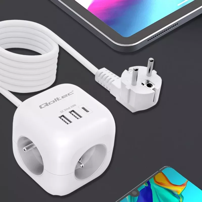 Maitinimo kubas QOLTEC 52547 – maitinimo šakotuvas su 3× AC lizdais, 2× USB-A, 1× USB-C PD 20W