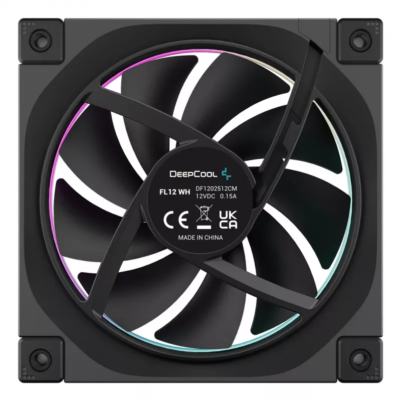 120 mm PC ventiliatorius DeepCool FL12 3-in-1 Juoda, 120×25 mm, 2150 RPM, Fluid Dynamic Bearing, PWM, 55 CFM, 32 dB, 3 vnt. pakuotė