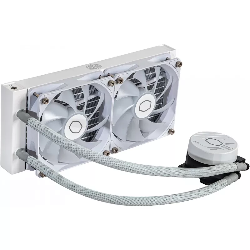 Skysčio aušinimo komplektas Cooler Master MasterLiquid 240L Core ARGB White — 240 mm radiatorius, 120 mm ventiliatoriai, palaiko LGA1700/AM5/AM4 ir senesnius lizdus