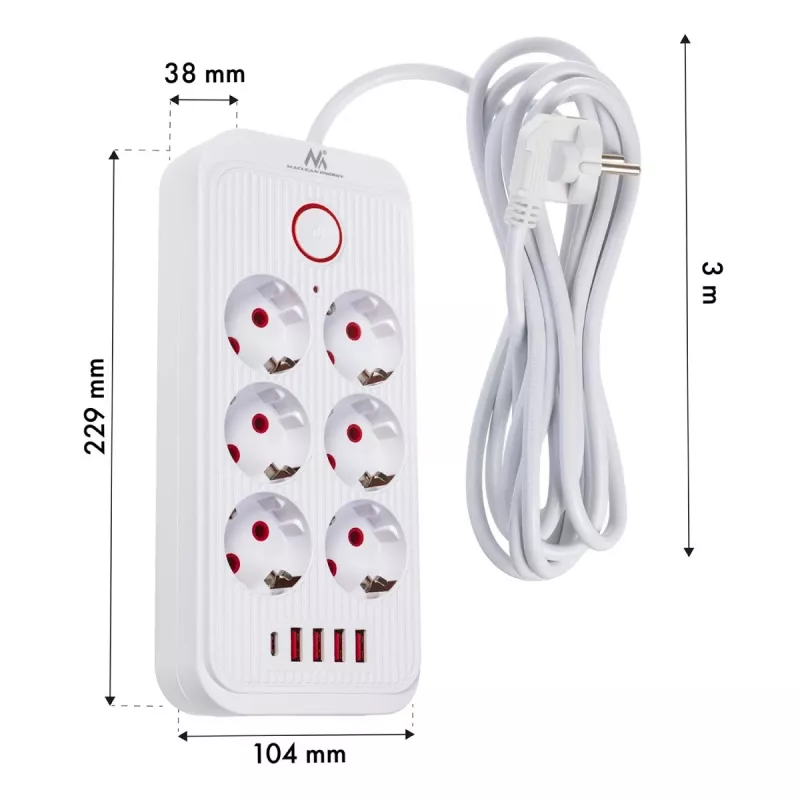 Kištukinis lizdas MACLEAN MCE391 W — 6 lizdai, 4×USB-A + 1×USB-C, 3 m kabelis, 110–240V, 2500W, baltas