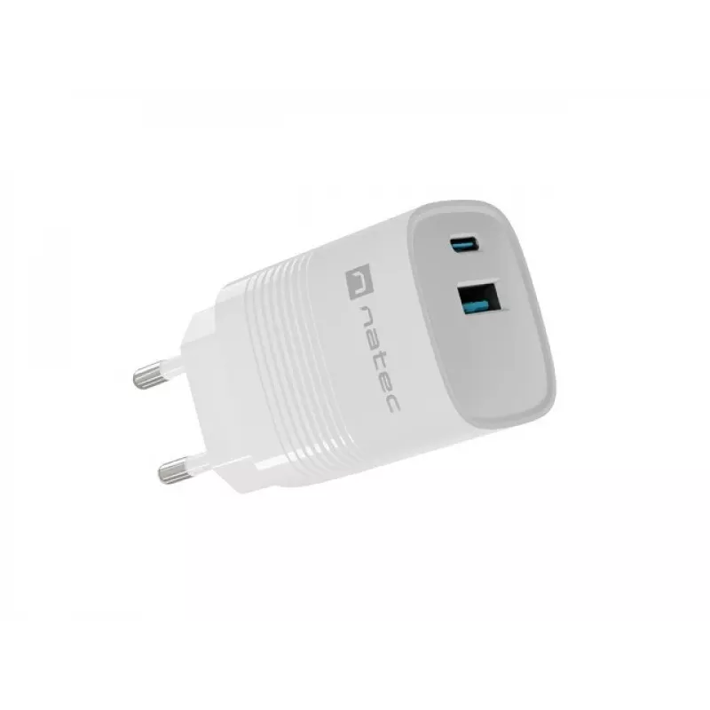 Laidinis mobiliųjų įrenginių įkroviklis NATEC NUC-2140, 30W, USB-C PD 3.0 + USB-A, Samsung AFC, Baltas