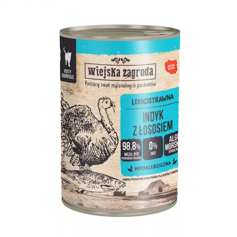 WIEJSKA ZAGRODA Kalakutiena su lašiša – drėgnas kačių ėdalas – 400 g