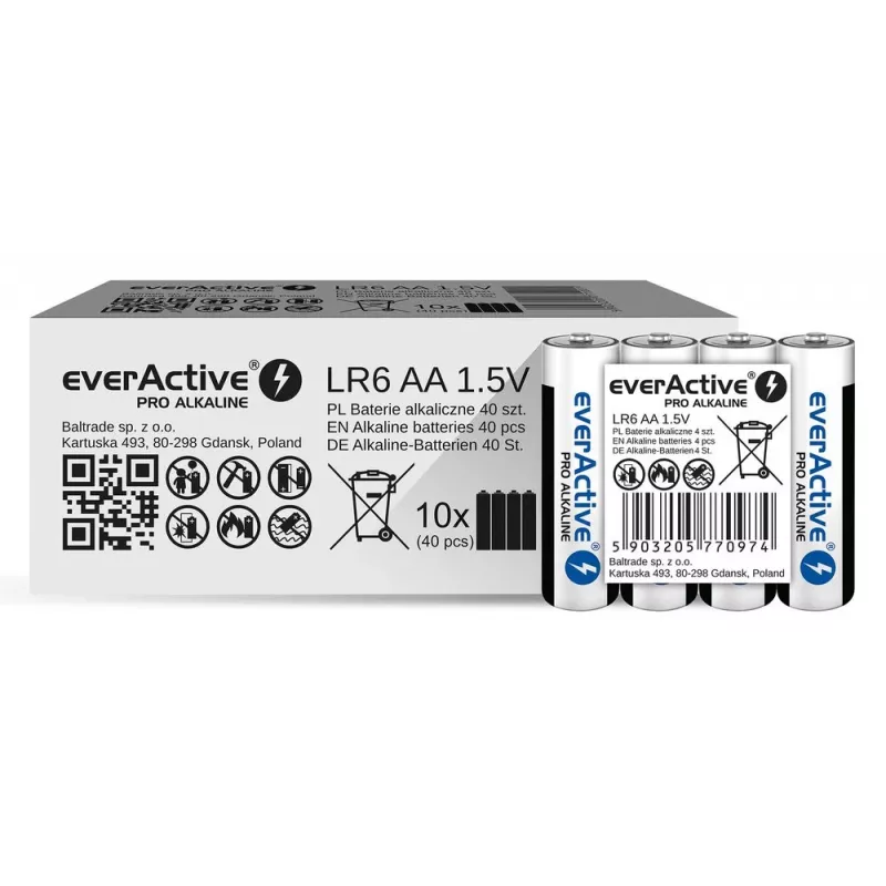Šarminės baterijos everActive LR6 AA pakuotėje 4 vnt. — 1,5 V, 3000 mAh, 50,5×14,5 mm