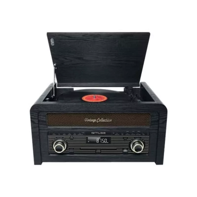 Patefonas muse MT-115 W — juoda/auksinė, 33-45-78 RPM, J formos tonearas, sukamasis garsumas, 240 V kintamoji srovė