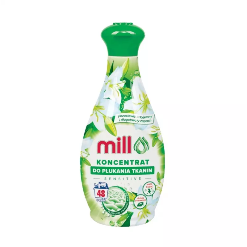 Audinių minkštiklis MADONIS MILL Konc. Sensitive 1,3 l — koncentruotas, 48 skalavimai, universalus skalavimo skystis