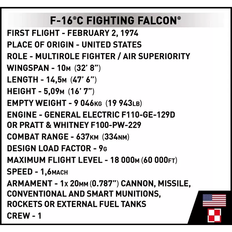 Konstruktorius Cobi F-16C Fighting Falcon — 463 dalys, mastelio modelio surinkimo rinkinys