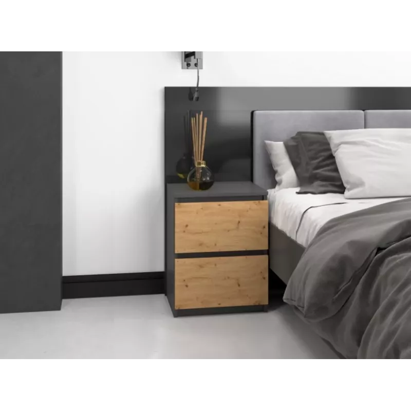 Topeshop W2 ANTRACYT/ARTISAN nightstand/Naktinis staliukas 2 stalčius(s) antracitas, ąžuolas